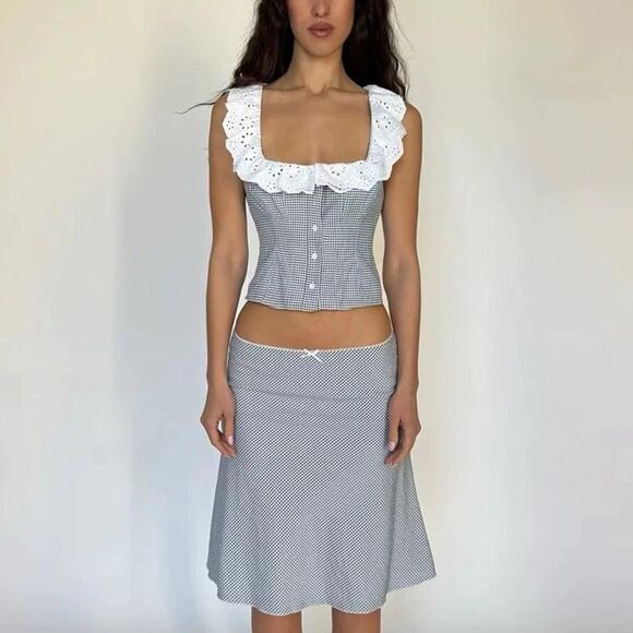 Danielle Guizio blue waffle print Top Skirt Set - Picture 2 of 7